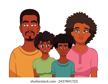 Black American family containing a father, a mother, a son and a daughter. Family portrait style illustration.