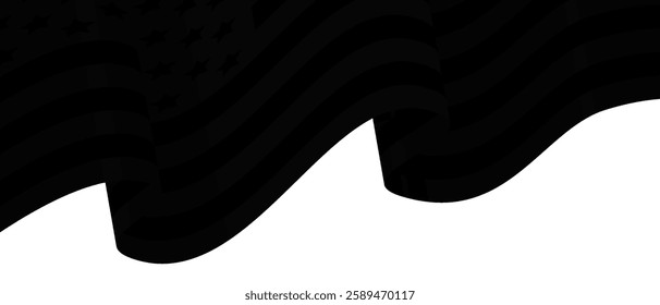 Black American flag with wave effect on a white background. Symbol of intransigence, defiance, and refusal to show mercy.