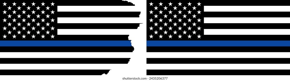 Black American flags vector with blue line. Standard flag and with torn edges