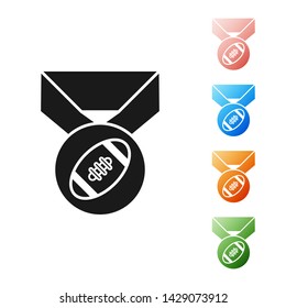 Black American Football ball with medal icon isolated on white background. Set icons colorful. Vector Illustration