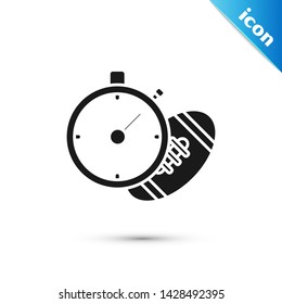 Black American Football ball and stopwatch icon isolated on white background. Set of sport equipment.  Vector Illustration