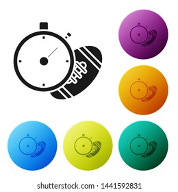 Black American Football ball and stopwatch icon isolated on white background. Set of sport equipment. Set icons colorful circle buttons. Vector Illustration