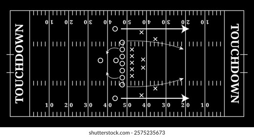 Black American football field with tactics, top view