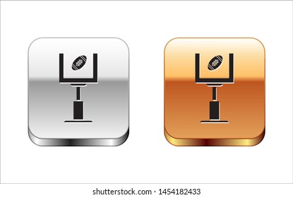 Black American football goal post and football ball icon isolated on white background. Silver-gold square button. Vector Illustration