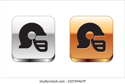 Black American football helmet icon isolated on white background. Silver and gold square buttons. Vector