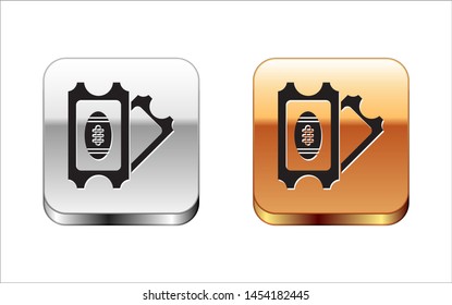 Black American Football ticket icon isolated on white background. Silver-gold square button. Vector Illustration