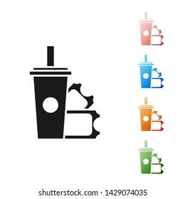 Black American Football ticket and paper glass soda with drinking straw icon isolated on white background. Set icons colorful. Vector Illustration