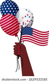Black American hand holding USA Flag and Balloons, isolated illustration. Patriotic American Celebration. Ideal for Independence Day graphics and national pride designs