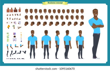 Black American Hipster Creation Kit. Set Of Flat Male Cartoon Character Body Parts, Types, Facial Gestures, Hairstyles, Trendy Clothing, Stylish Accessories Isolated On White. Vector Illustration.