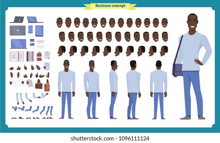 black american Hipster creation kit. Set of flat male cartoon character body parts, types, facial gestures, hairstyles, trendy clothing, stylish accessories isolated on white. Vector illustration.