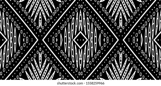 Black American Ikat Aztec Vector Seamless Pattern. Art Abstract Background. Ebony Modern African Illustration. Drawn Textile Graphite Pattern. Mud Peru Fabric Texture.