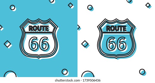 Black American road icon isolated on blue and white background. Route sixty six road sign. Random dynamic shapes. Vector Illustration