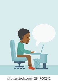 A black american sitting infront of the computer with magnifying glass looking for a job online. A contemporary style with pastel palette soft blue tinted background. Vector flat design illustration