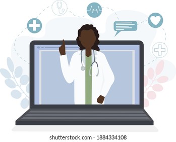 A black American woman doctor talks to a patient on her laptop screen online. Medical consultations, exams, treatment, services, health care, conference online. for clinic website, app. Vector flat