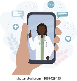 A black American woman doctor talks to a patient online. Video communication and messages. Medical consultations, exams, treatment, services, health care, conference online