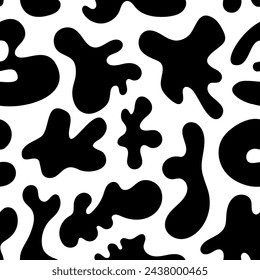 Black amoebic splatter like shapes arranged in vector seamless pattern. Biomorphic dark shapes on white backdrop. Appealing surface art for printing or use in graphic design projects.