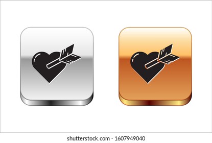 Black Amour symbol with heart and arrow icon isolated on white background. Love sign. Valentines symbol. Silver-gold square button. Vector Illustration