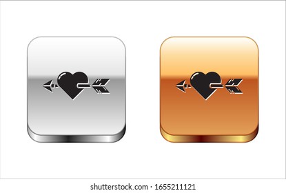 Black Amour symbol with heart and arrow icon isolated on white background. Love sign. Valentines symbol. Silver-gold square button. Vector Illustration