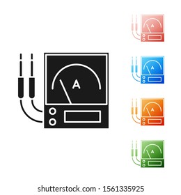 Black Ampere meter, multimeter, voltmeter icon isolated on white background. Instruments for measurement of electric current. Set icons colorful. Vector Illustration