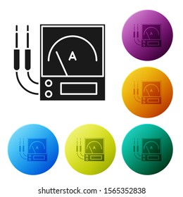 Black Ampere meter, multimeter, voltmeter icon isolated on white background. Instruments for measurement of electric current. Set icons colorful circle buttons. Vector Illustration