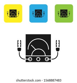 Black Ampere meter, multimeter, voltmeter icon isolated on white background. Instruments for measurement of electric current. Set icons colorful square buttons. Vector Illustration