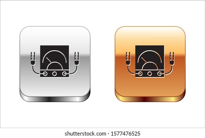 Black Ampere meter, multimeter, voltmeter icon isolated on white background. Instruments for measurement of electric current. Silver-gold square button. Vector Illustration