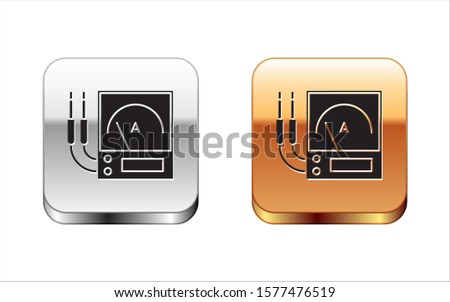 Black Ampere meter, multimeter, voltmeter icon isolated on white background. Instruments for measurement of electric current. Silver-gold square button. Vector Illustration