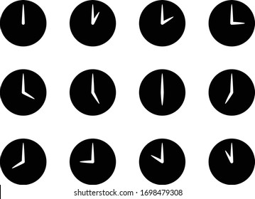 Black Analog Clock Icon Set From 12:00 To 11:00