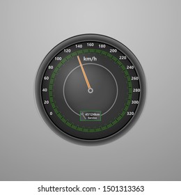 Black analog speedometer with orange arrow