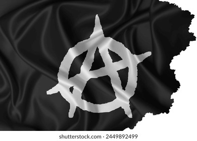 Black anarchist flag with torn edges waving in the wind 