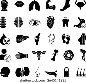Black Anatomy Icon Set. Vector Illustrations Head, Eye, Nose, Mouth, Ear, Arm, Leg, Spine, Lungs, Kidneys, Stomach, Liver, Hair, Brain, Heart, DNA, and More