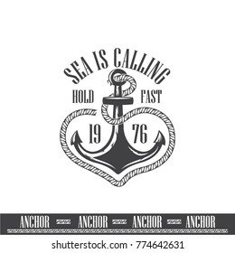 black anchor background, anchor with rope, vintage badge. Vector illustration. Heavy marine object. EPS 10.