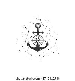 Black anchor with compass, stars and constellations. Nautical maritime illustration.  ocean and starry sky symbol.Orientation and navigation concept. Journey, adventure symbol