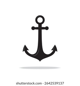 Black anchor icon. Part of a vintage ship. Silhouette, element of boat isolated white background. Pictogram or logo template. flat vector illustration