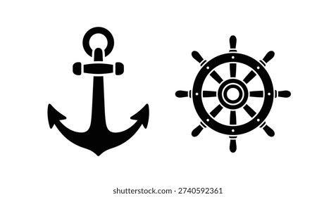 Black anchor and ship steering wheel