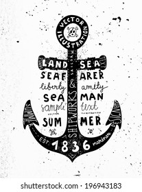 Black Anchor. Vintage Label, Concrete Wall Background. Typography Elements.