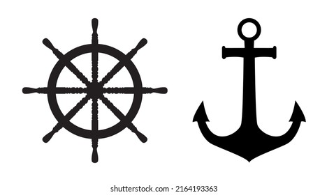 Black anchor  and wooden ship steering wheel, nautical symbols