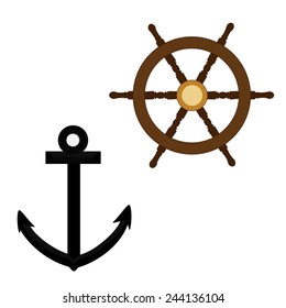 Black anchor and wooden ship steering wheel vector icon set isolated, nautical symbols