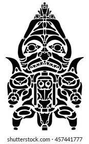 Black ancient American tattoo. Indian Alaska. Emblem, symbols. Ritual statuette.