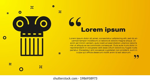 Black Ancient column icon isolated on yellow background.  Vector