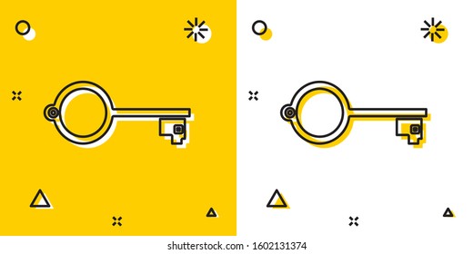 Black Ancient key for game icon isolated on yellow and white background. Random dynamic shapes. Vector Illustration