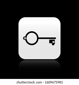 Black Ancient key for game icon isolated on black background. Silver square button. Vector Illustration