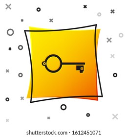 Black Ancient key for game icon isolated on white background. Yellow square button. Vector Illustration