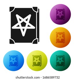 Black Ancient magic book with alchemy recipes and mystic spells and enchantments icon isolated on white background. Set icons in color circle buttons. Vector Illustration