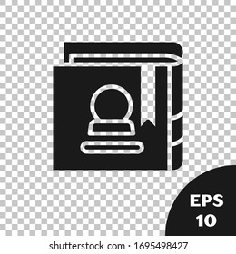 Black Ancient magic book with alchemy recipes and mystic spells and enchantments icon isolated on transparent background.  Vector Illustration