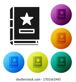Black Ancient magic book with alchemy recipes and mystic spells and enchantments icon isolated on white background. Set icons in color circle buttons. Vector Illustration