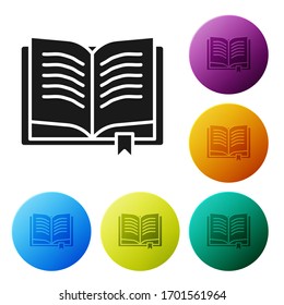 Black Ancient magic book with alchemy recipes and mystic spells and enchantments icon isolated on white background. Set icons in color circle buttons. Vector Illustration