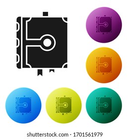 Black Ancient magic book with alchemy recipes and mystic spells and enchantments icon isolated on white background. Set icons in color circle buttons. Vector Illustration