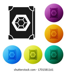 Black Ancient magic book with alchemy recipes and mystic spells and enchantments icon isolated on white background. Set icons in color circle buttons. Vector Illustration