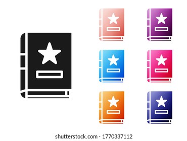 Black Ancient magic book with alchemy recipes and mystic spells and enchantments icon isolated on white background. Set icons colorful. Vector Illustration